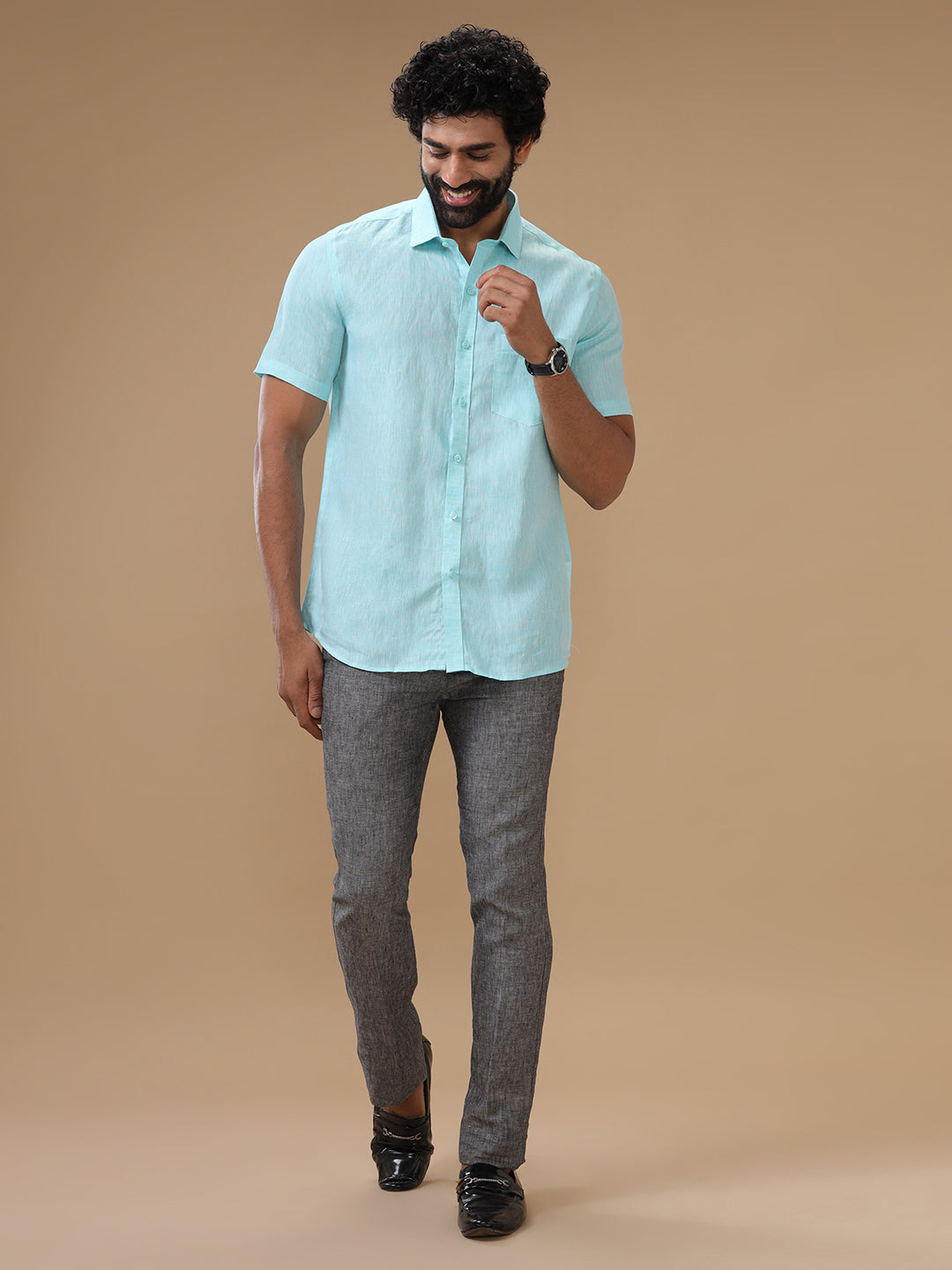 Men Pure Linen Sky Blue Shirt L71