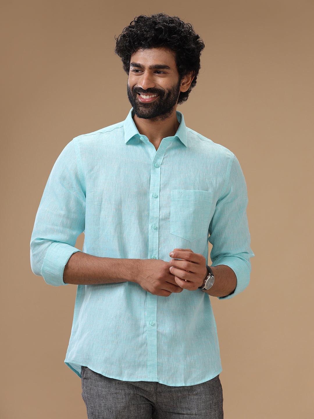 Men Pure Linen Sky Blue Shirt L71