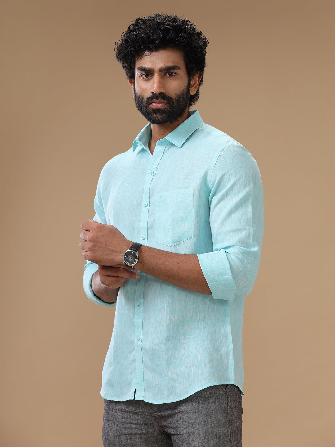 Men Pure Linen Sky Blue Shirt L71