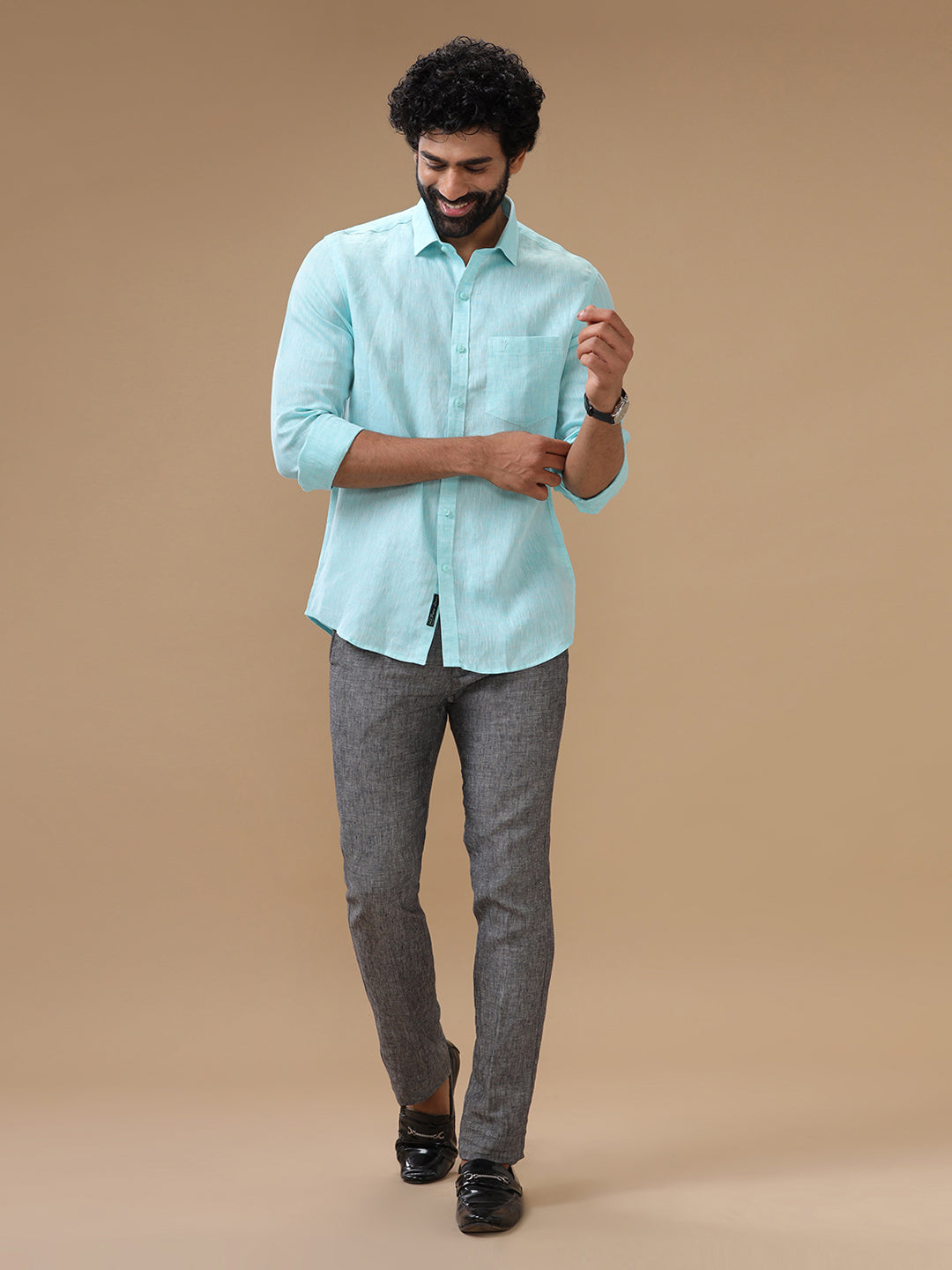 Men Pure Linen Sky Blue Shirt L71