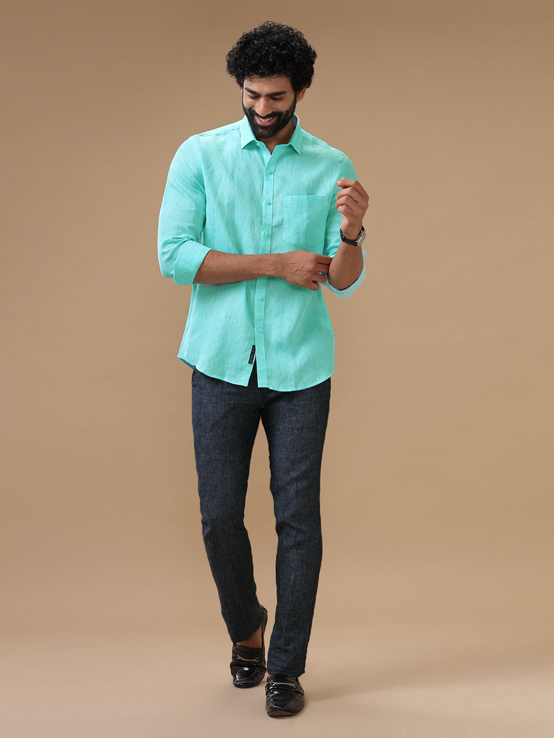 Men Pure Linen Light Blue Shirt L13