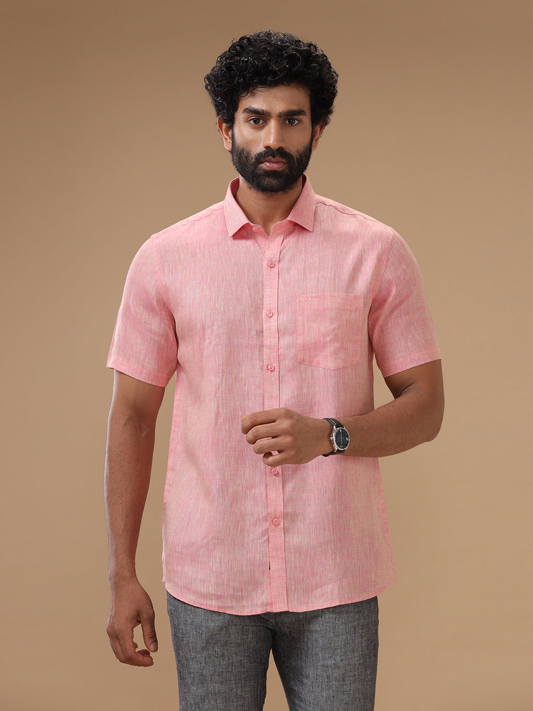 Men Pure Linen Pink Shirt L73