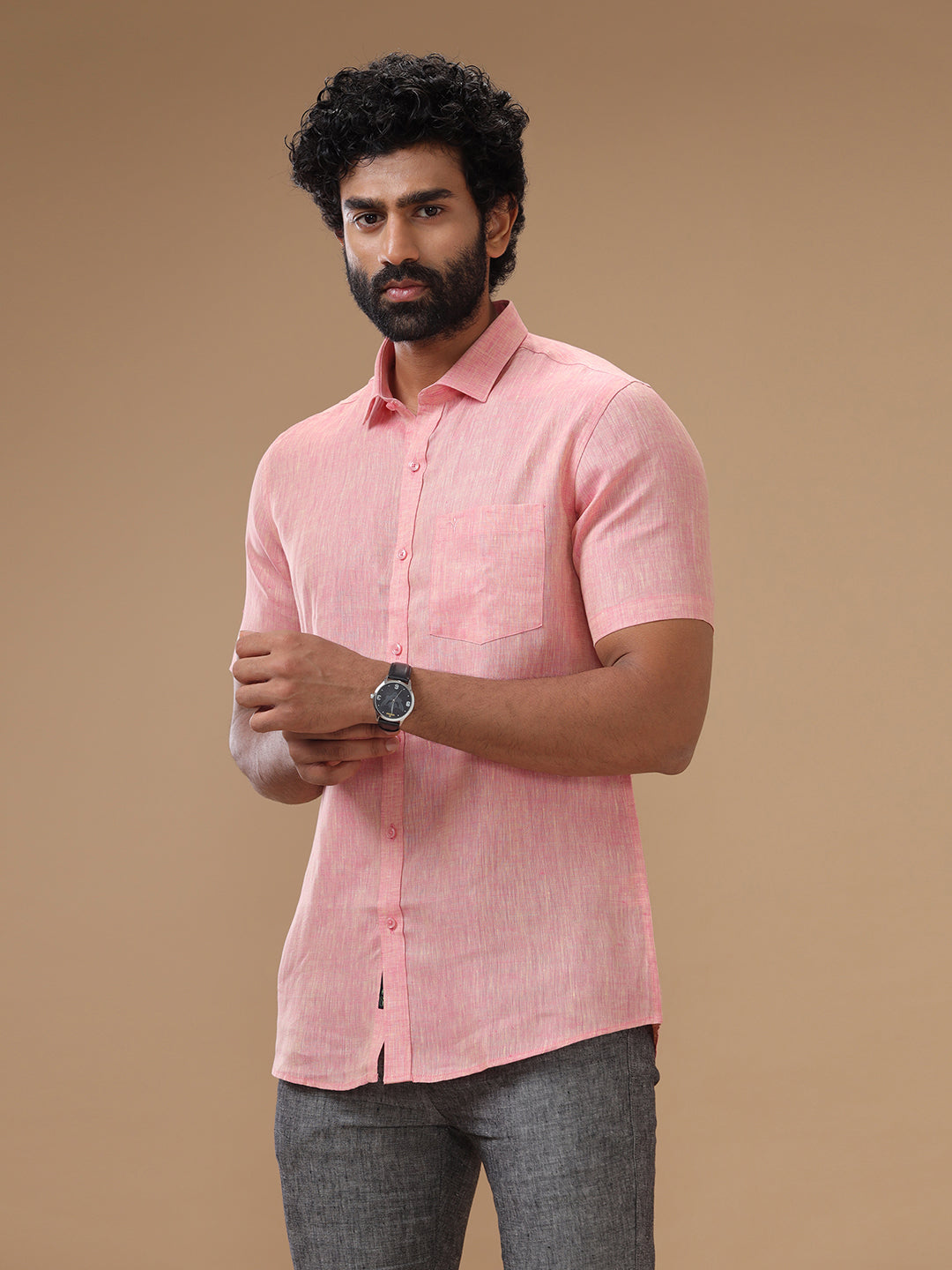Men Pure Linen Pink Shirt L73