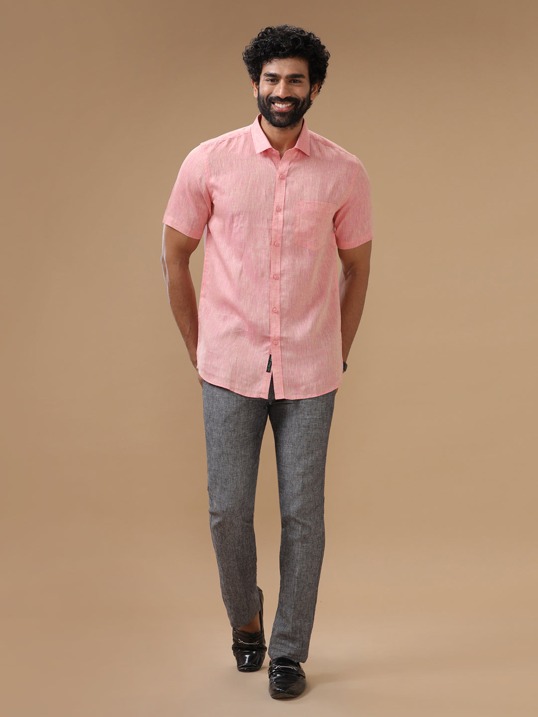 Men Pure Linen Pink Shirt L73