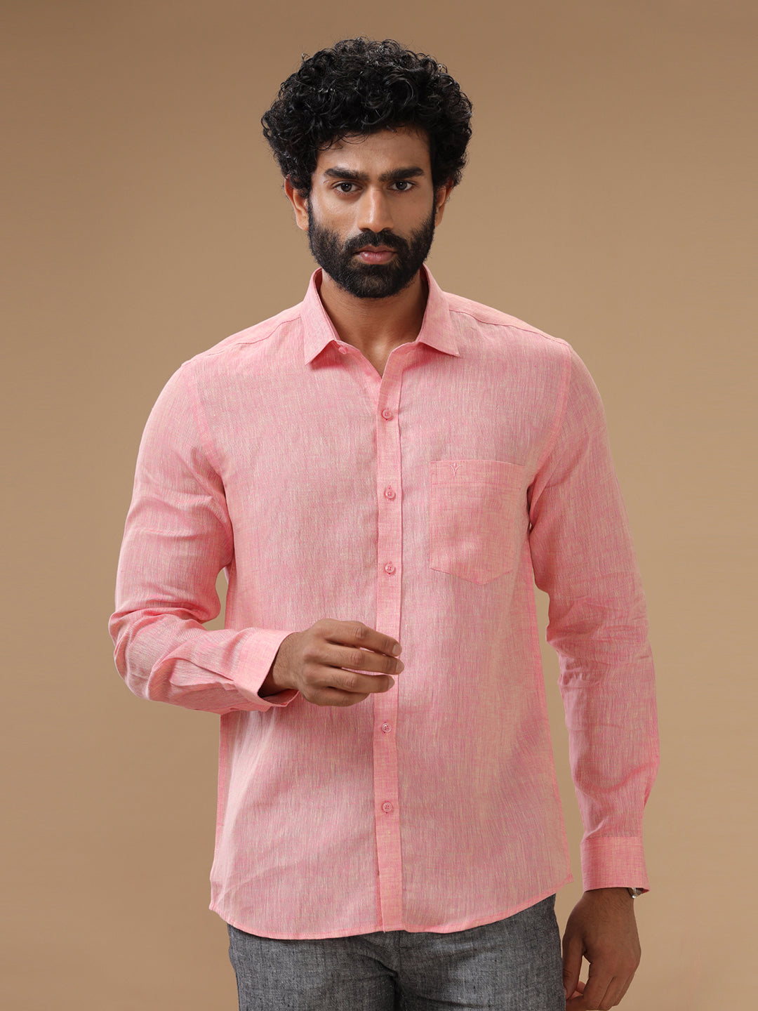 Men Pure Linen Pink Shirt L73
