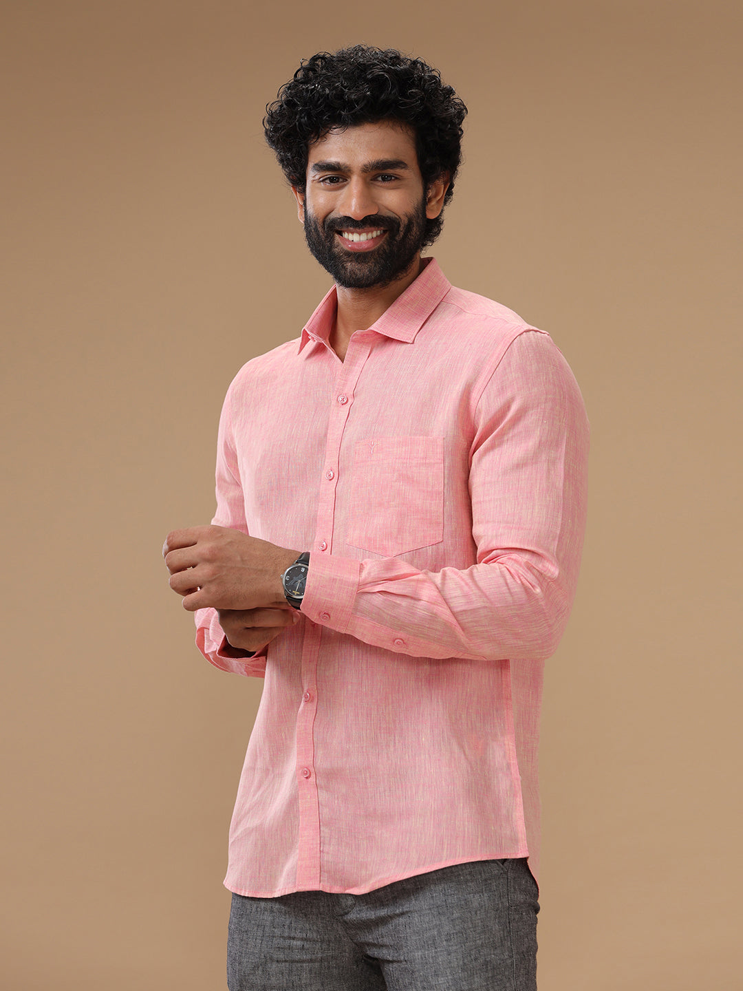Men Pure Linen Pink Shirt L73