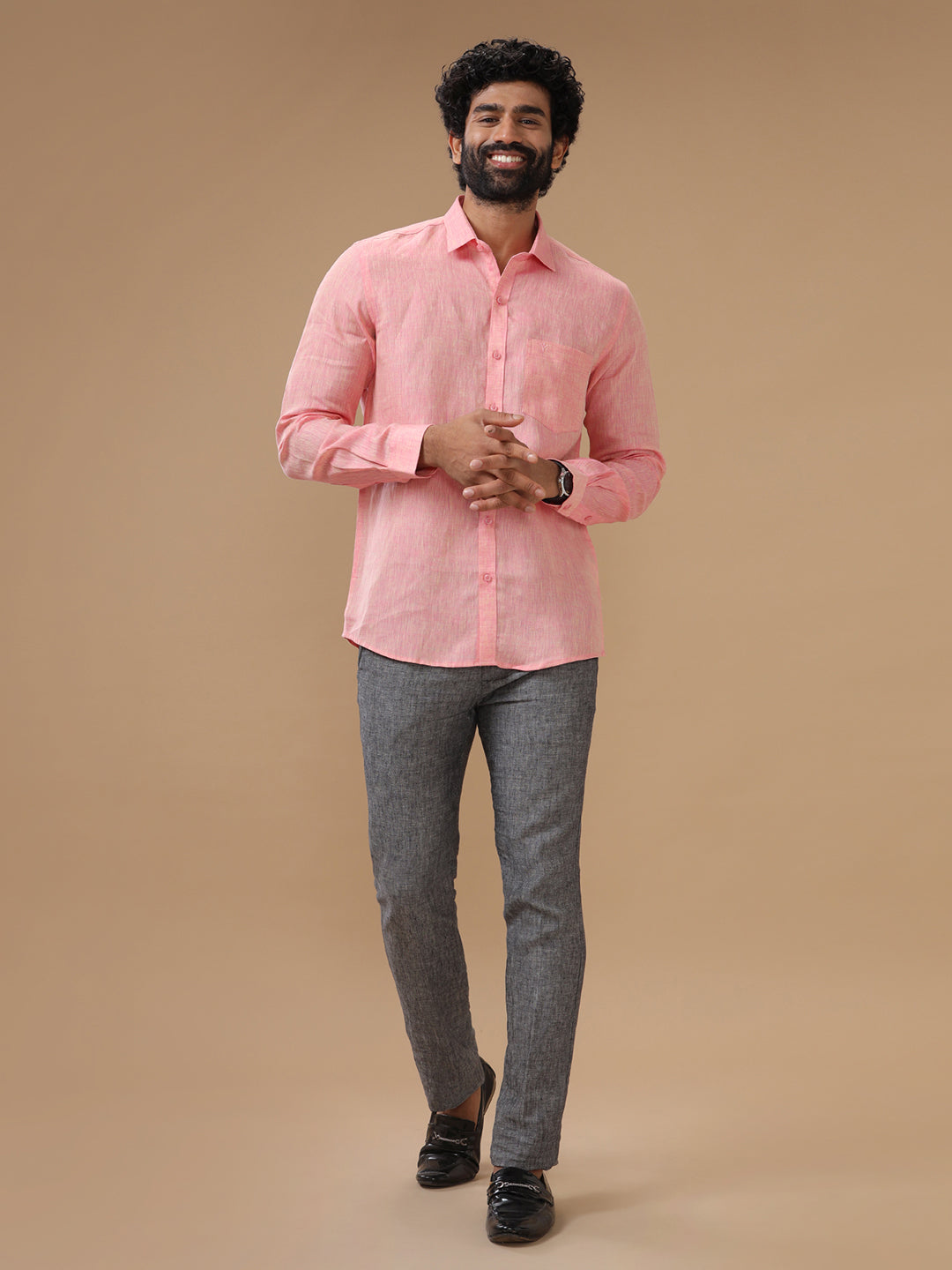 Men Pure Linen Pink Shirt L73