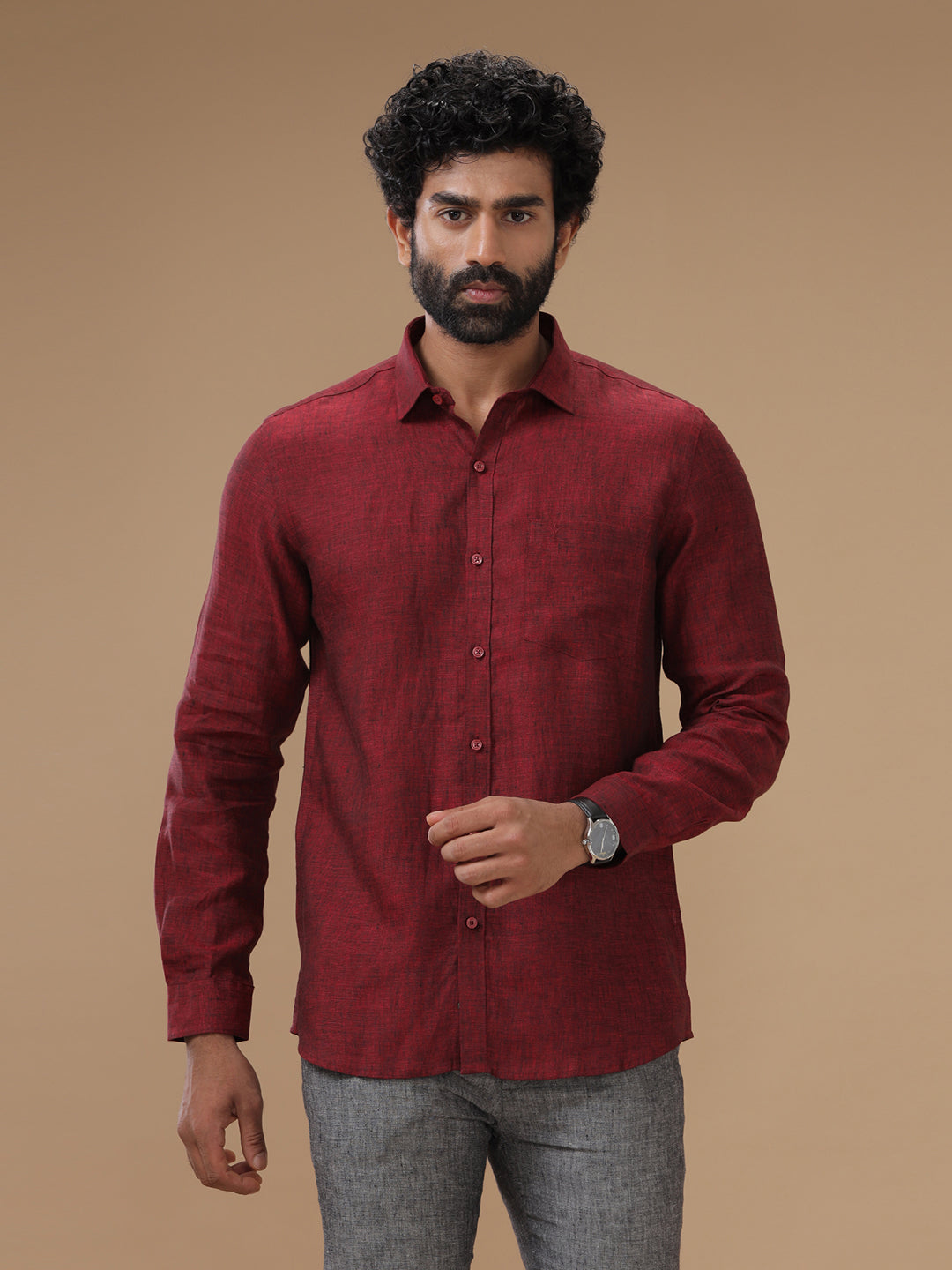 Men Pure Linen Rustic Red Shirt L30