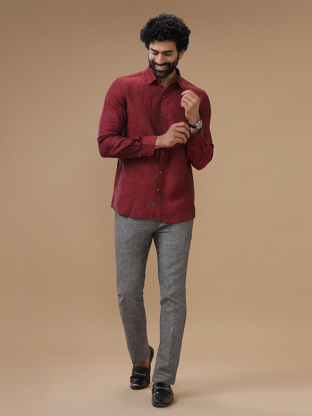 Men Pure Linen Rustic Red Shirt L30