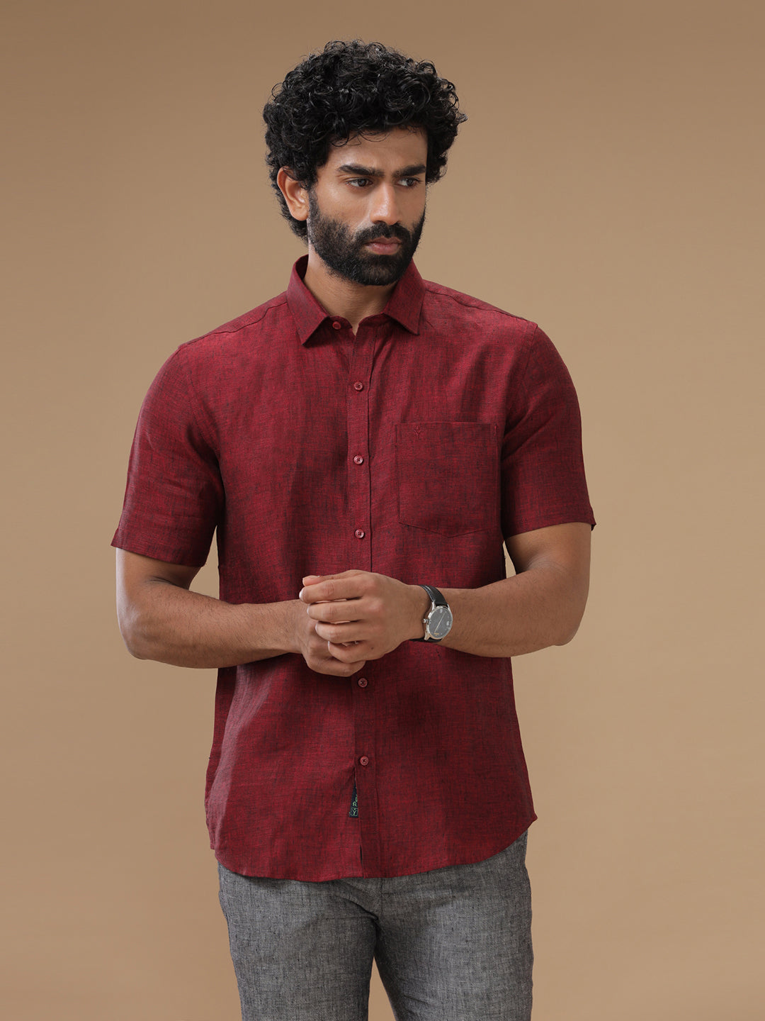 Men Pure Linen Rustic Red Shirt L30
