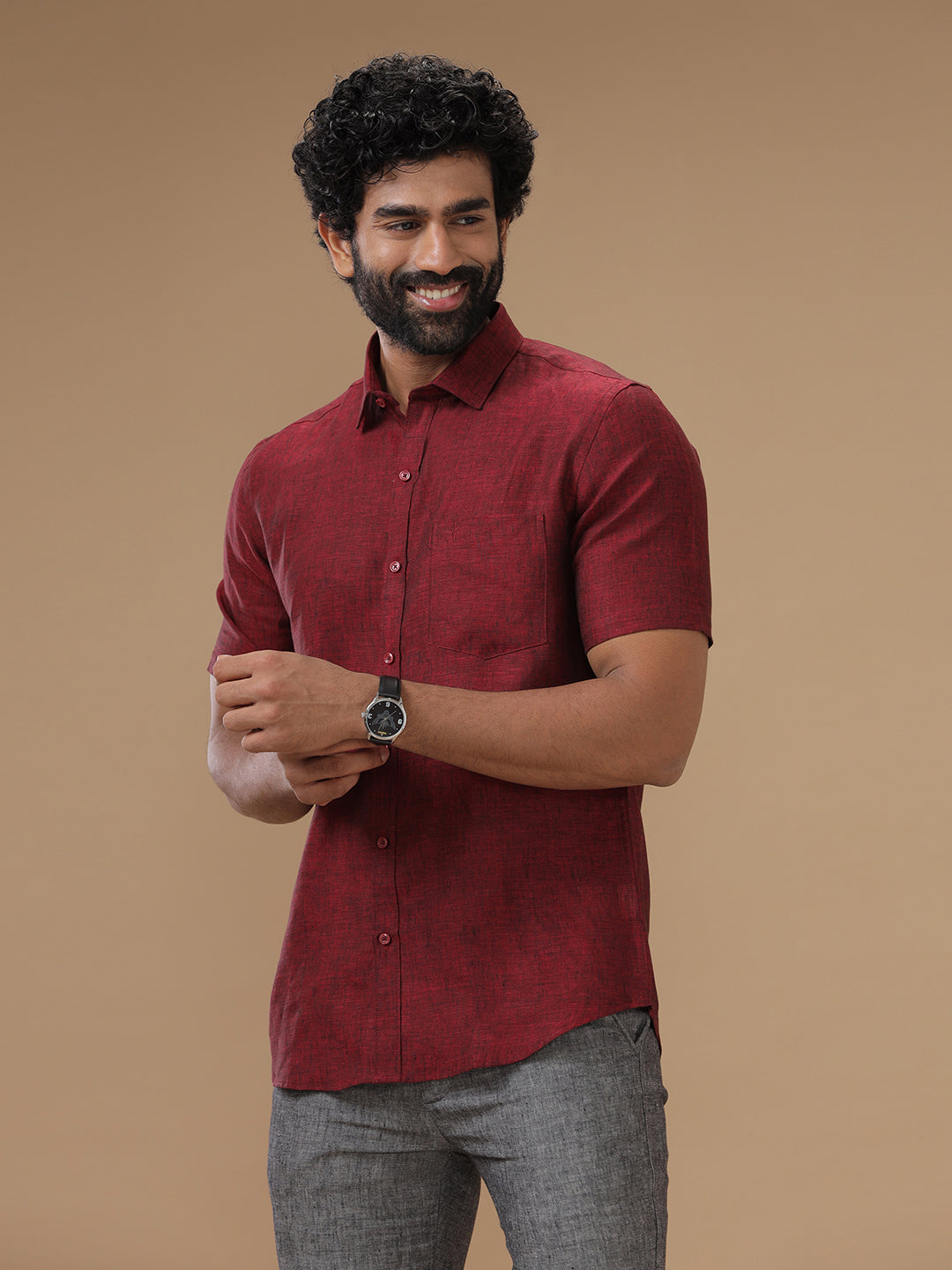 Men Pure Linen Rustic Red Shirt L30