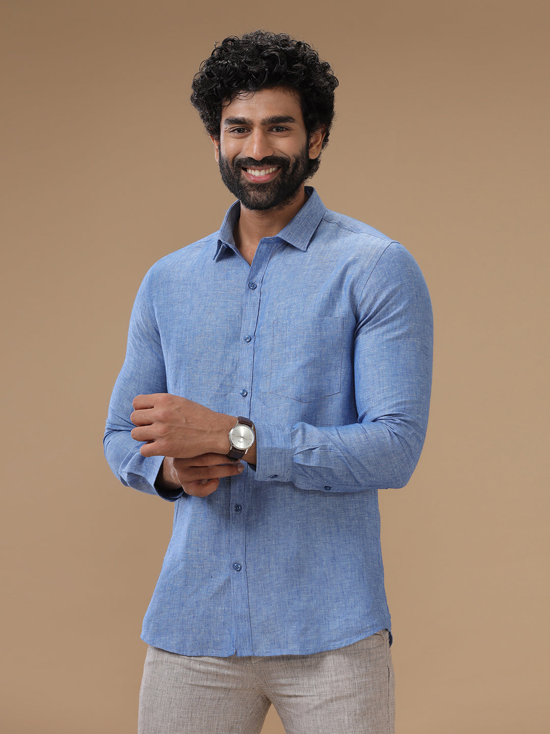 Men Pure Linen Blue Shirt L82