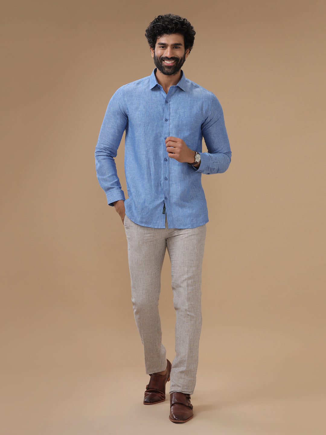 Men Pure Linen Blue Shirt L82
