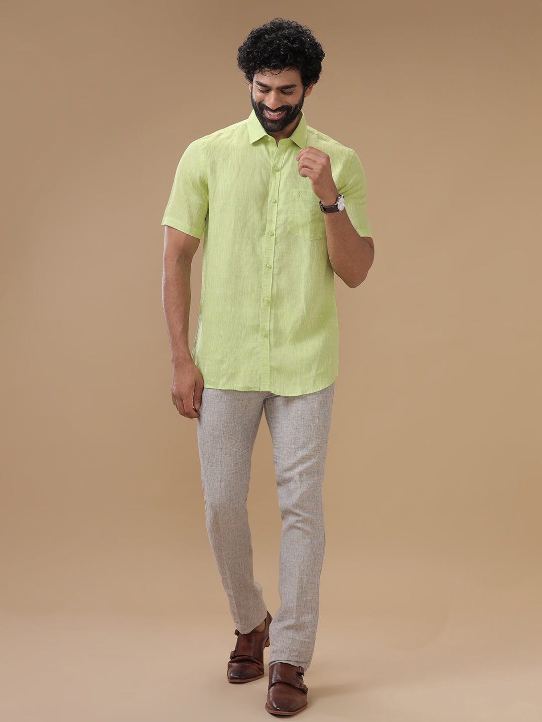 Men Pure Linen Green Shirt L34