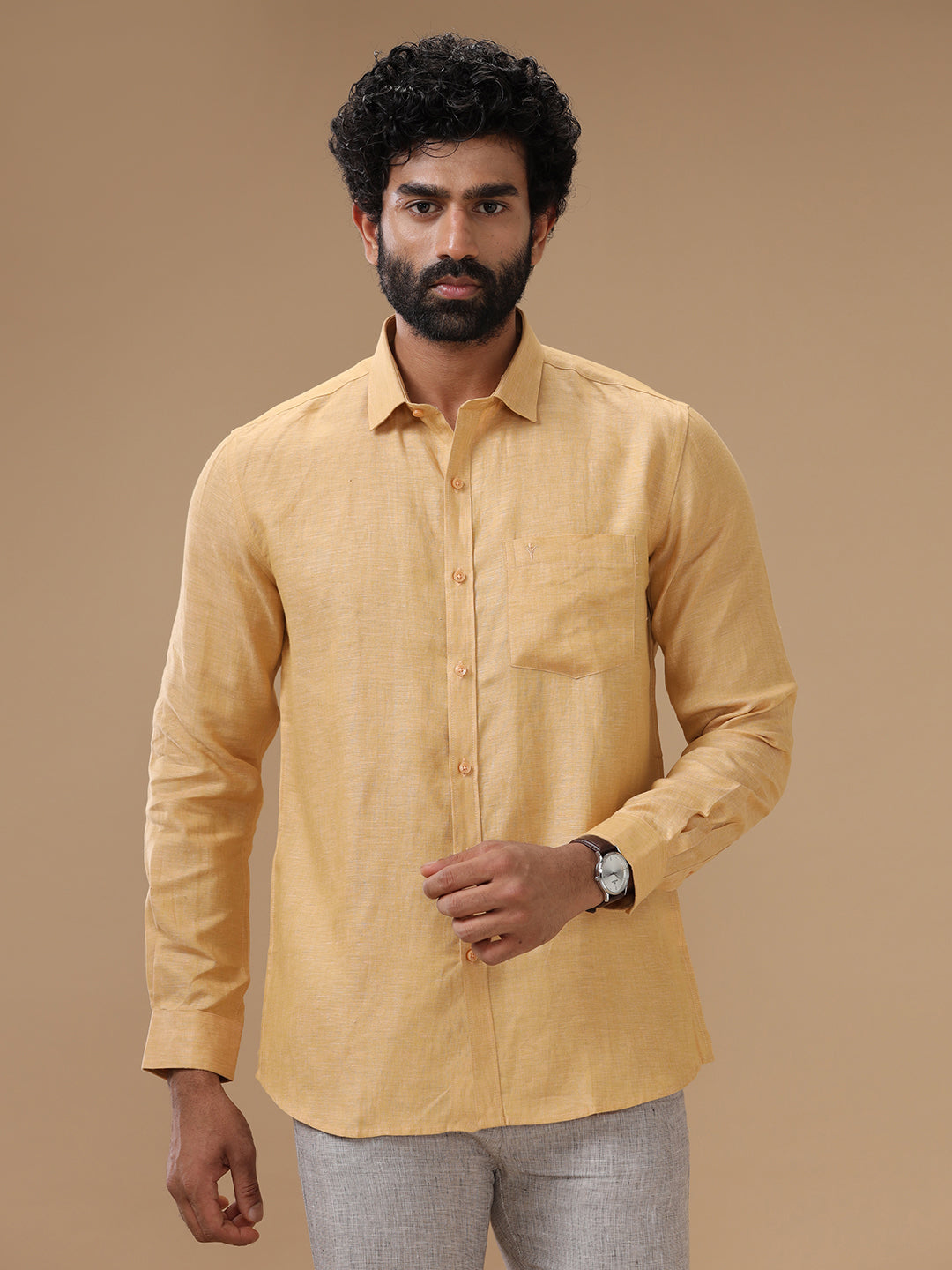 Men Pure Linen Light Orange Shirt L96