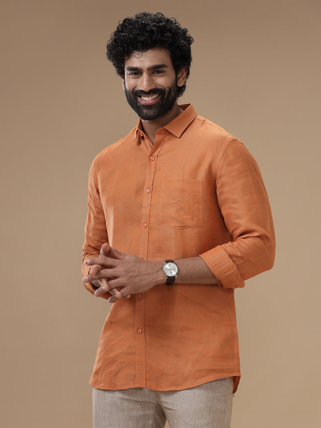 Men Pure Linen Dark Orange Shirt L76