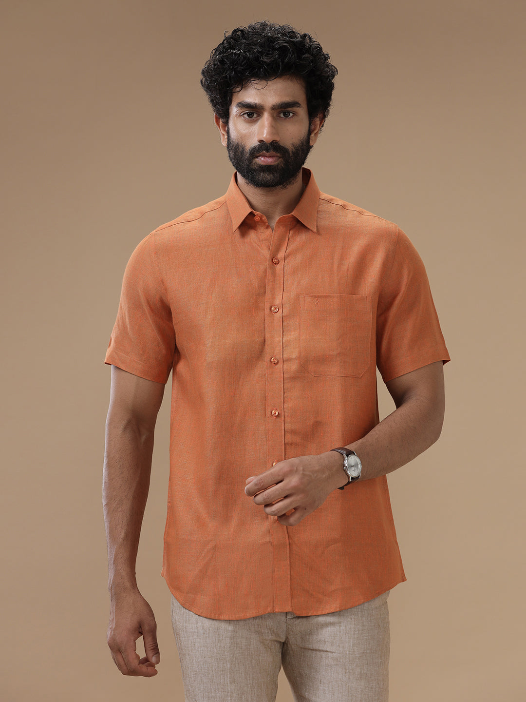 Men Pure Linen Dark Orange Shirt L76