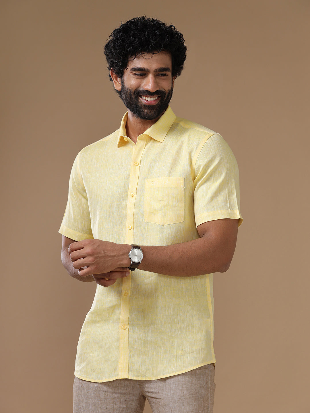 Men Pure Linen Light Yellow Shirt L5