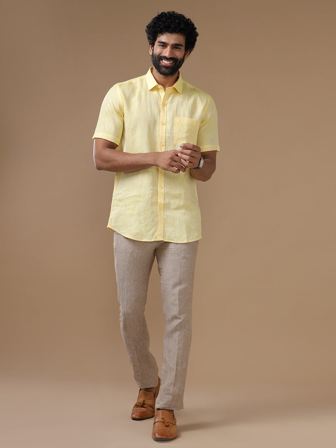 Men Pure Linen Light Yellow Shirt L5