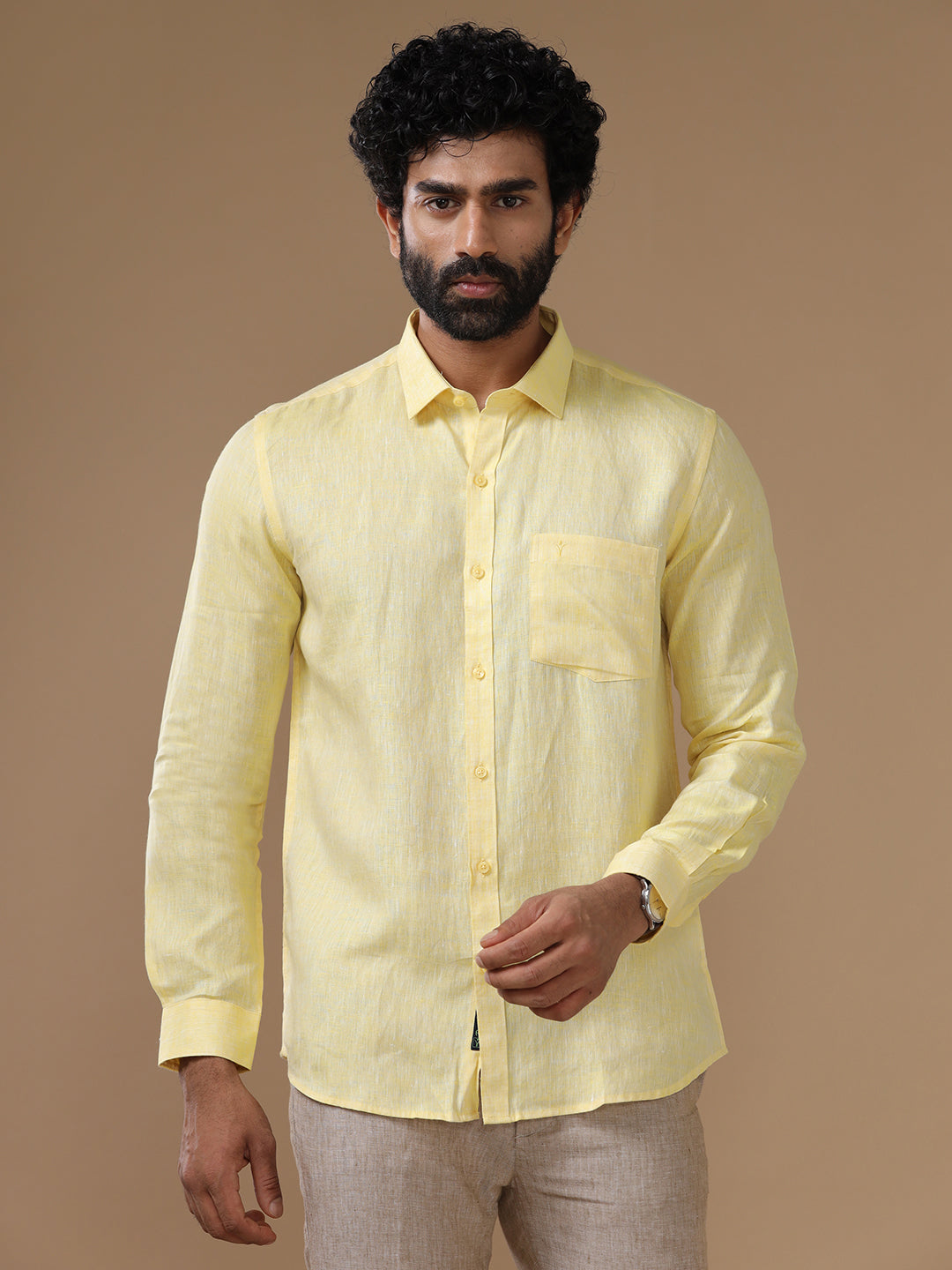 Men Pure Linen Light Yellow Shirt L5