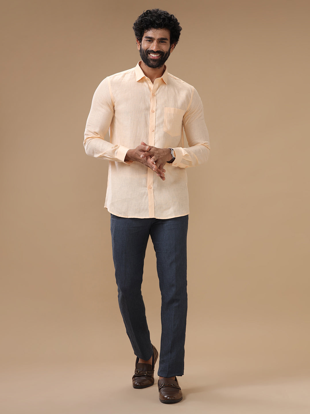 Men Pure Linen Pale Orange Shirt L88