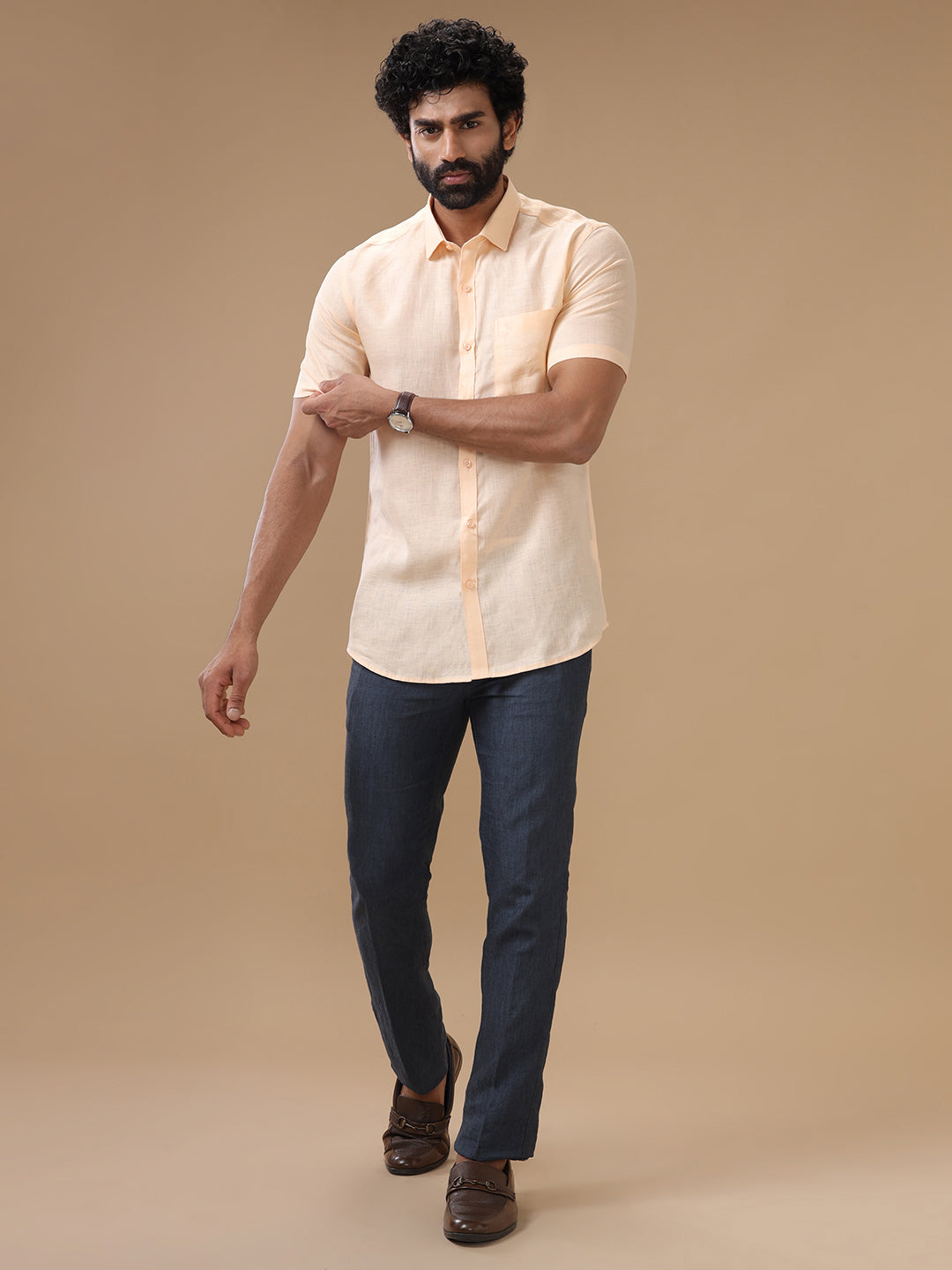 Men Pure Linen Pale Orange Shirt L88
