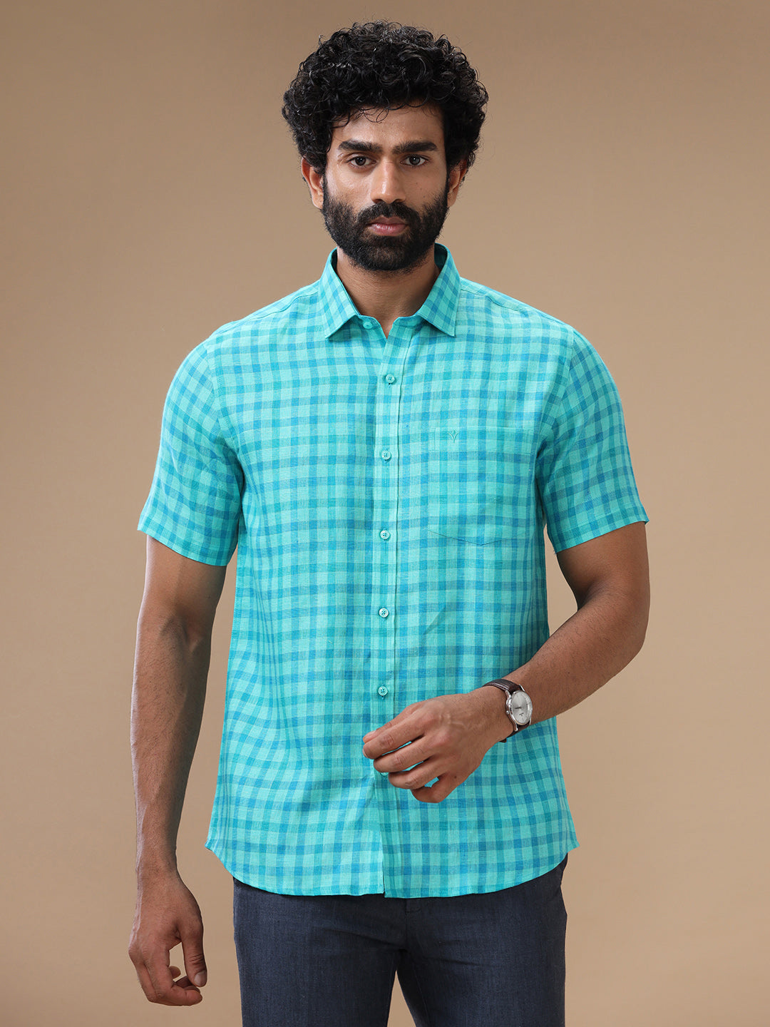 Men Pure Linen Checked Shirt Green LS62