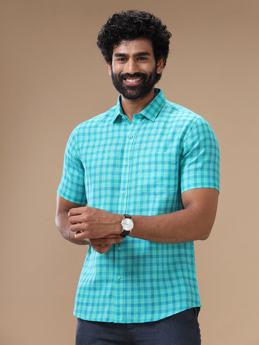 Men Pure Linen Checked Shirt Green LS62