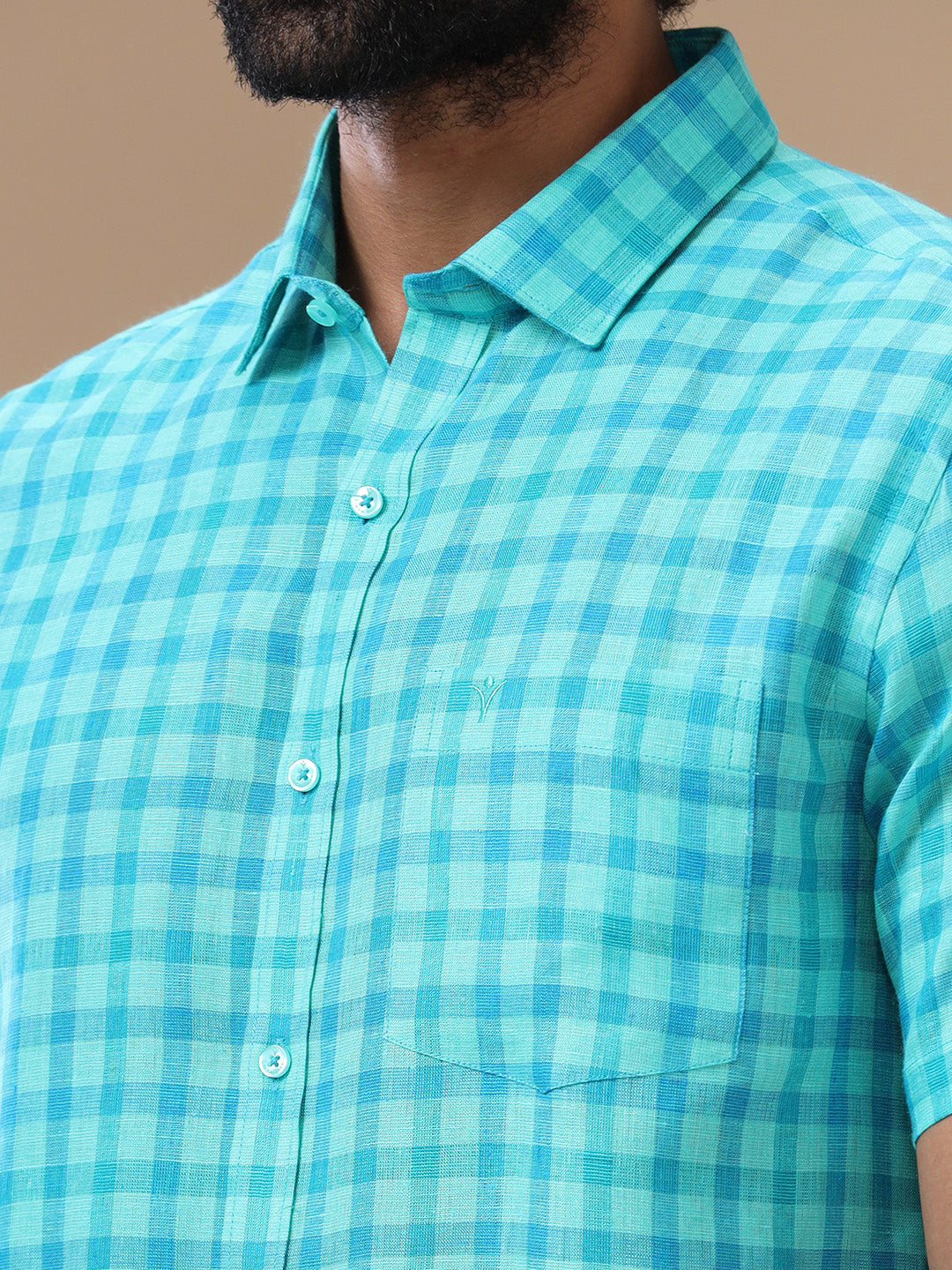 Men Pure Linen Checked Shirt Green LS62