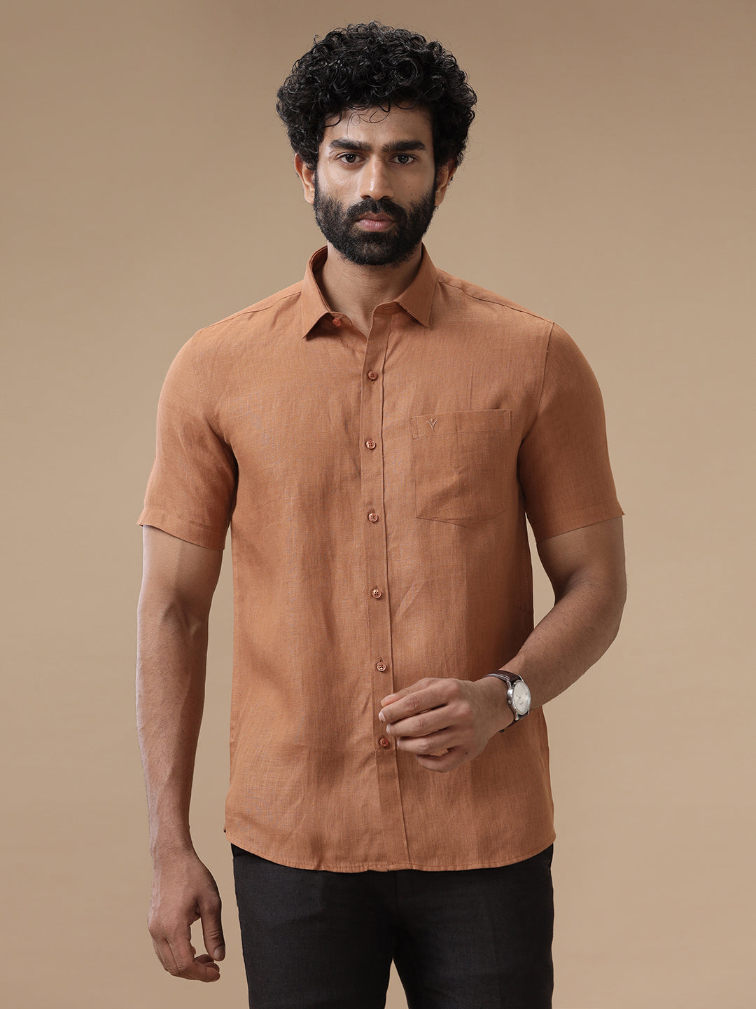 Men Pure Linen Brown Shirt L115