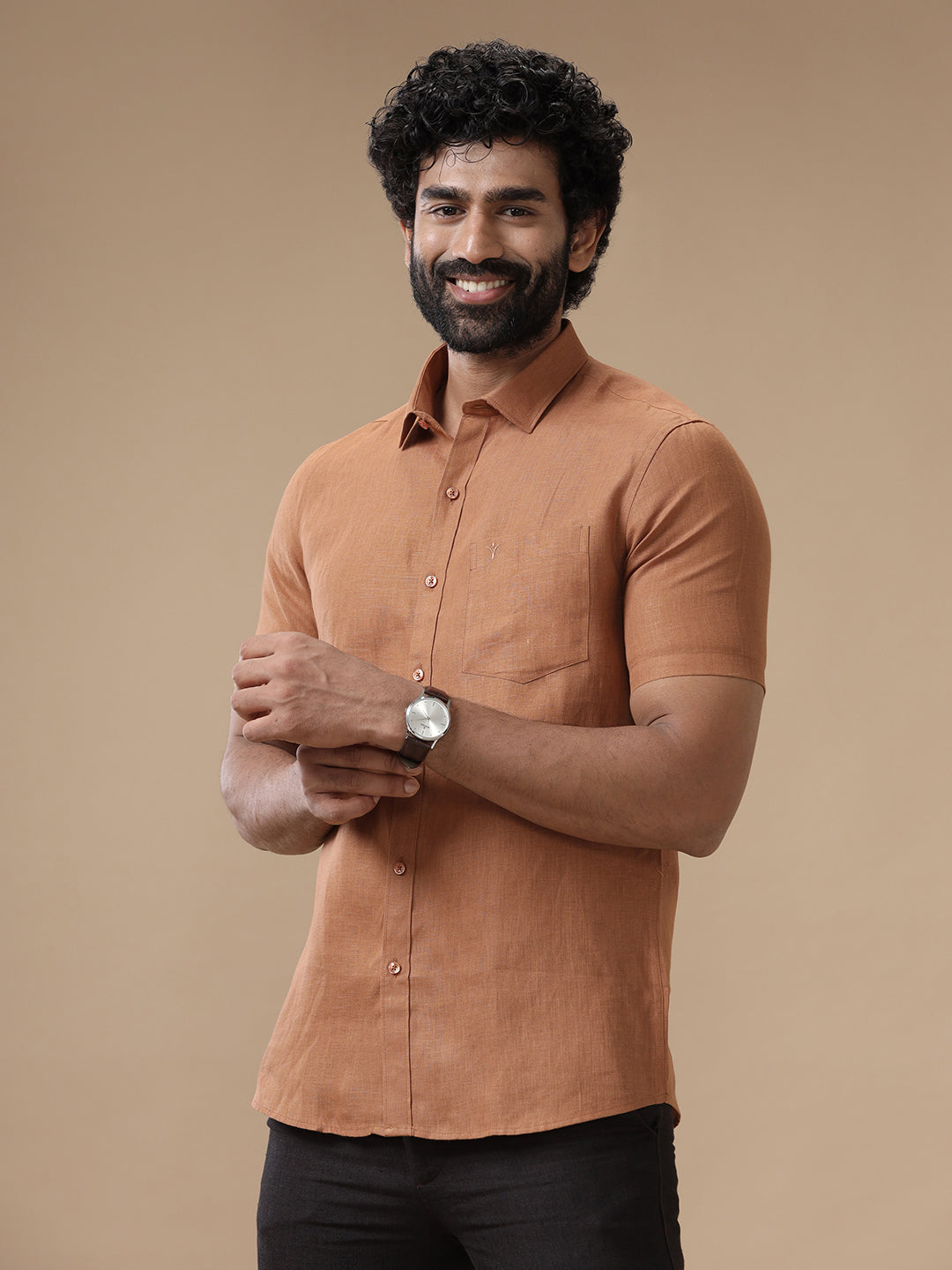 Men Pure Linen Brown Shirt L115