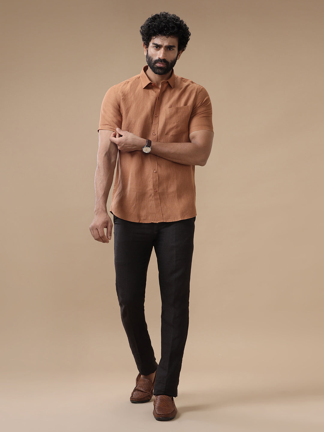 Men Pure Linen Brown Shirt L115