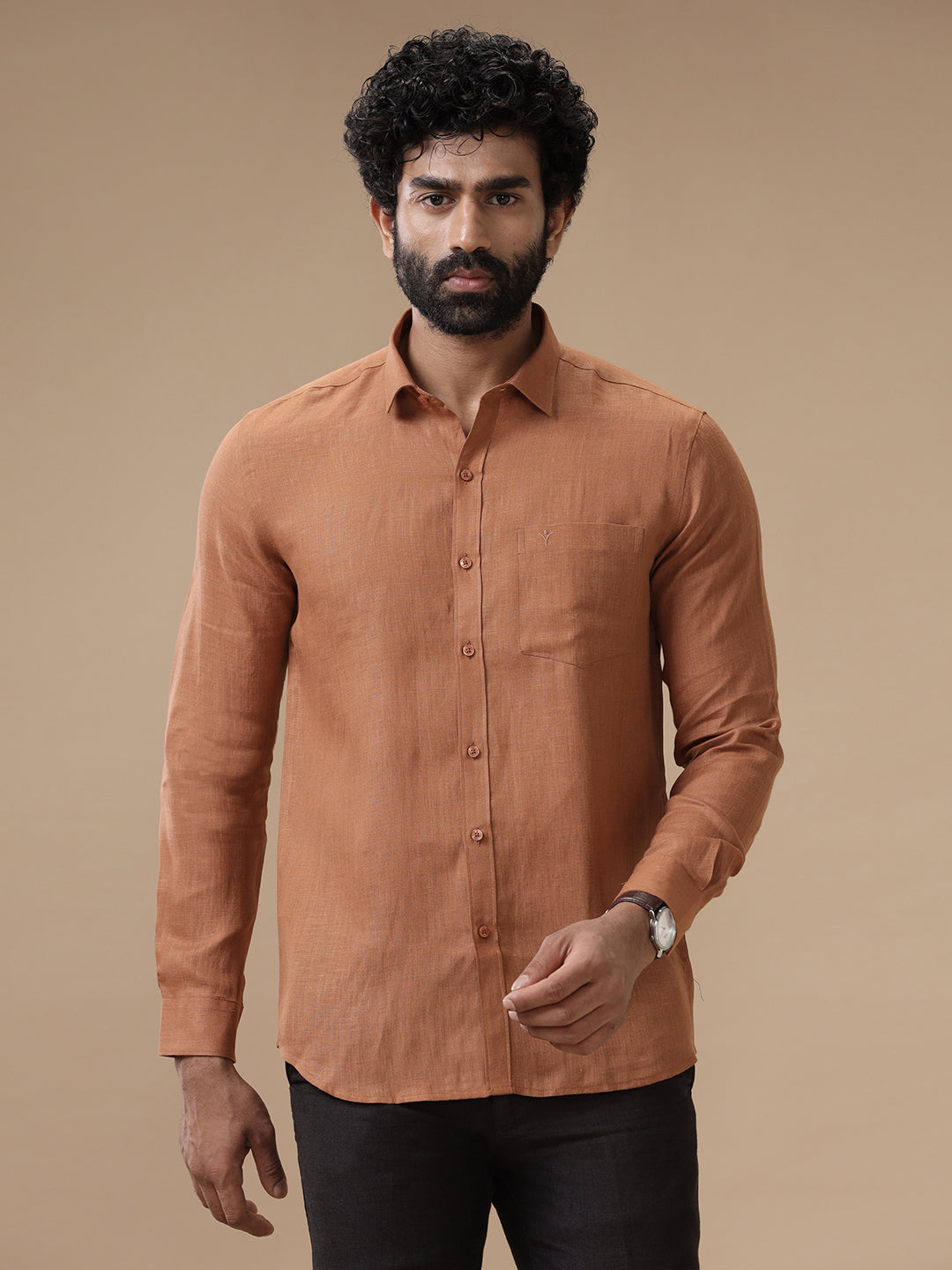 Men Pure Linen Brown Shirt L115