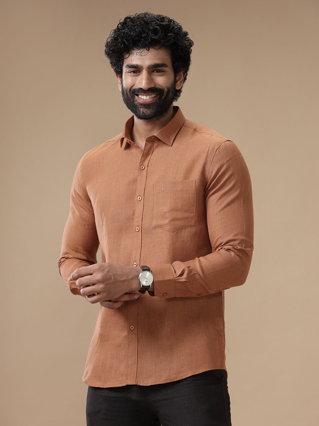 Men Pure Linen Brown Shirt L115
