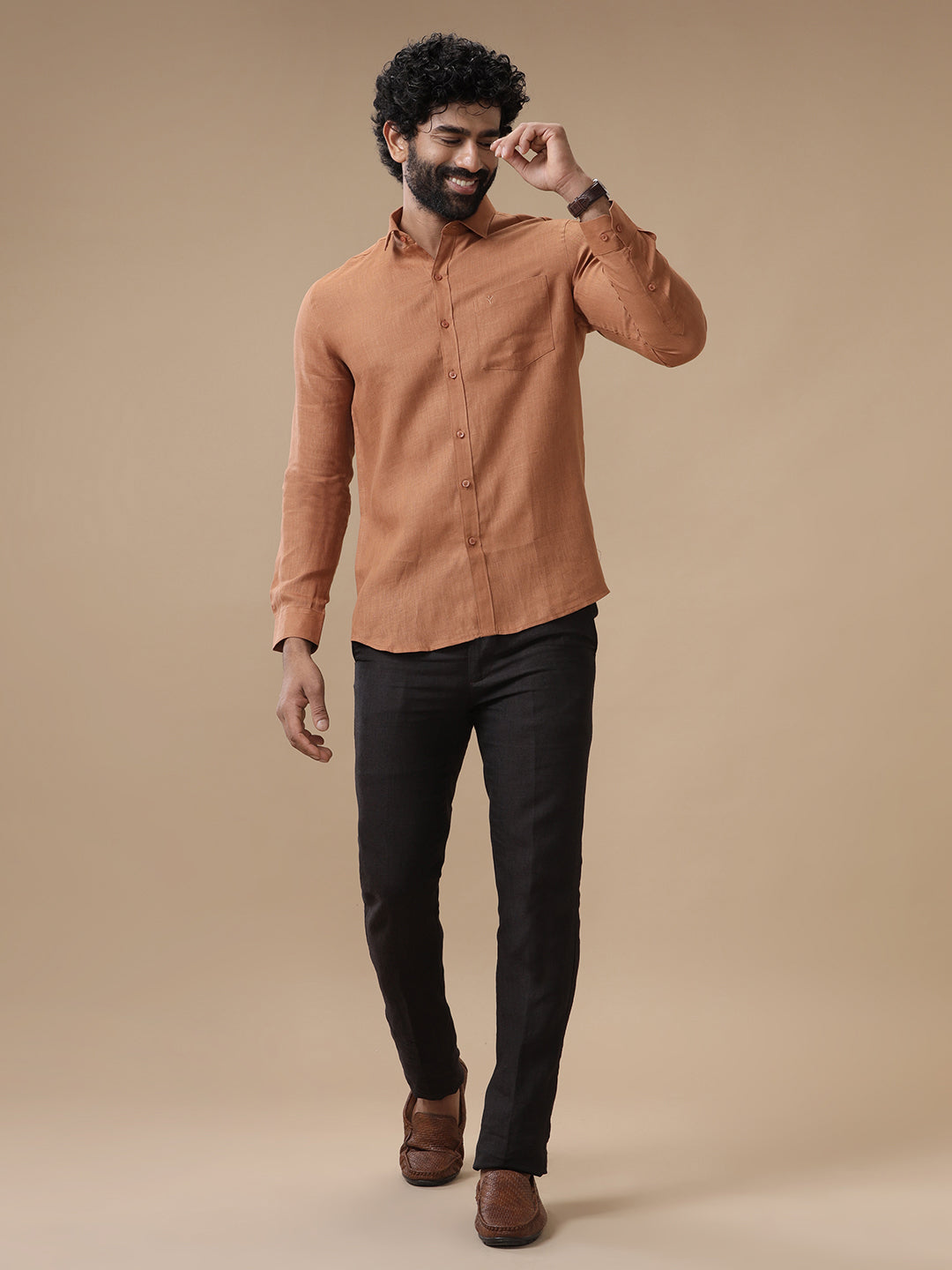 Men Pure Linen Brown Shirt L115