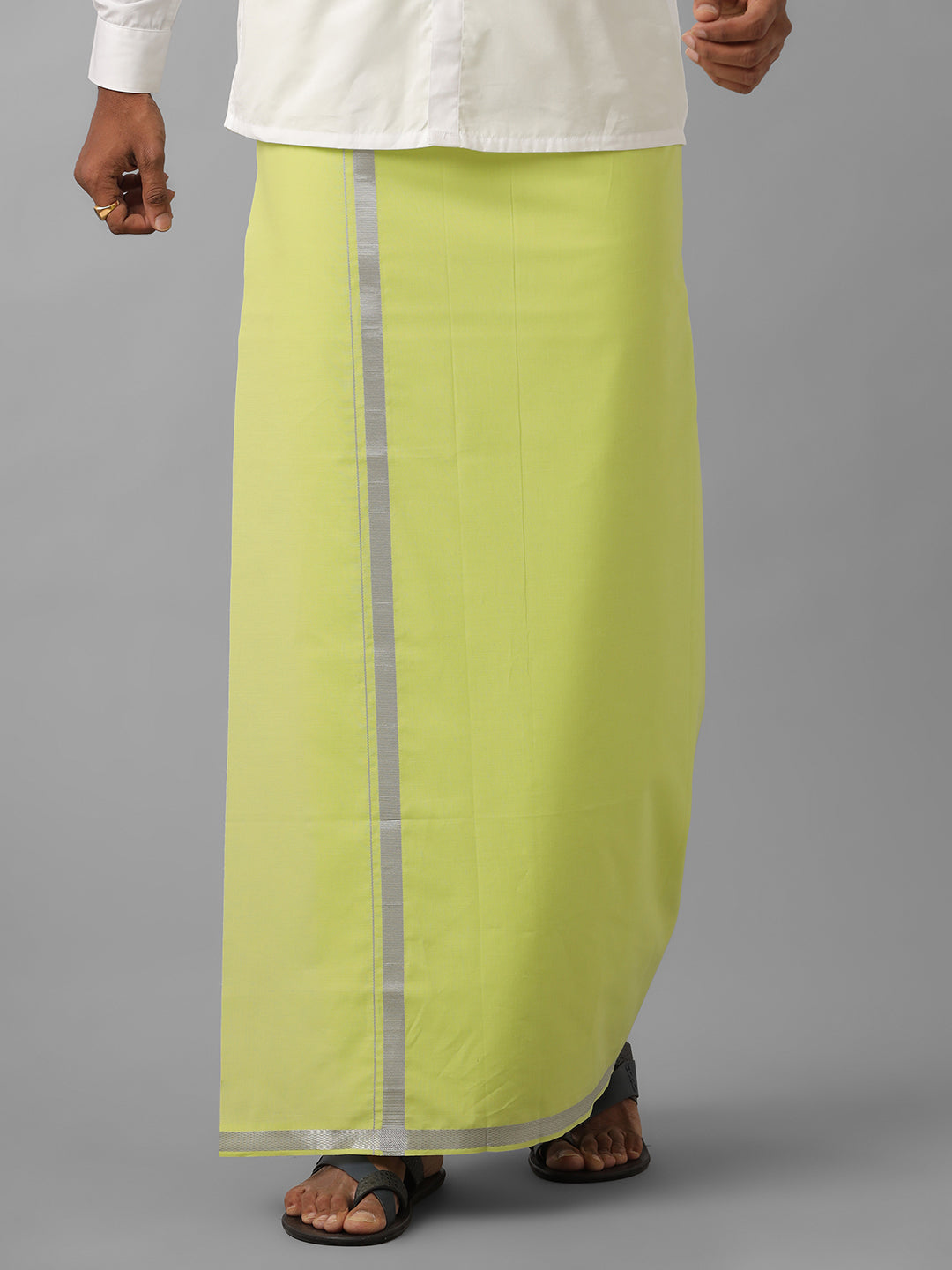 Men Cotton Blend Single Layer Green Dhoti with Silver Jari Border