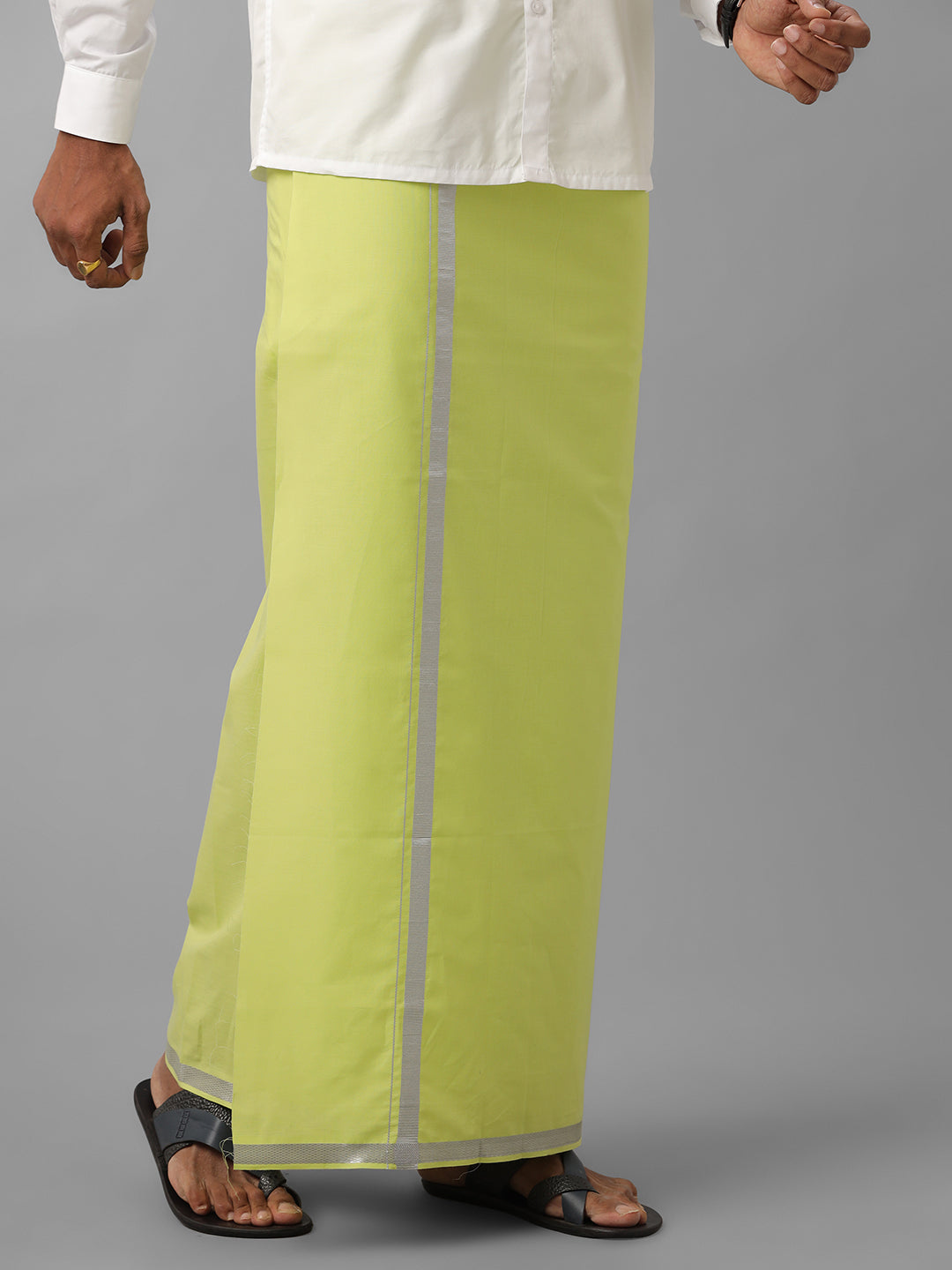 Men Cotton Blend Single Layer Green Dhoti with Silver Jari Border