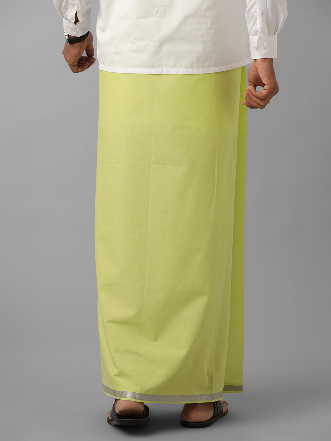 Men Cotton Blend Single Layer Green Dhoti with Silver Jari Border