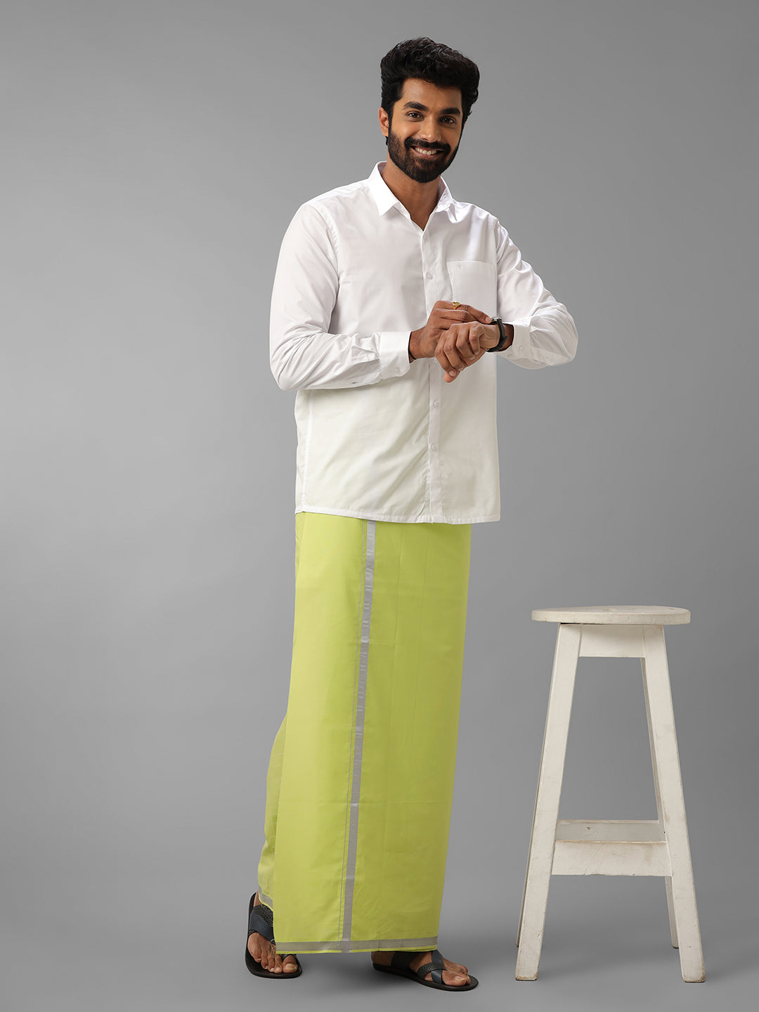 Men Cotton Blend Single Layer Green Dhoti with Silver Jari Border