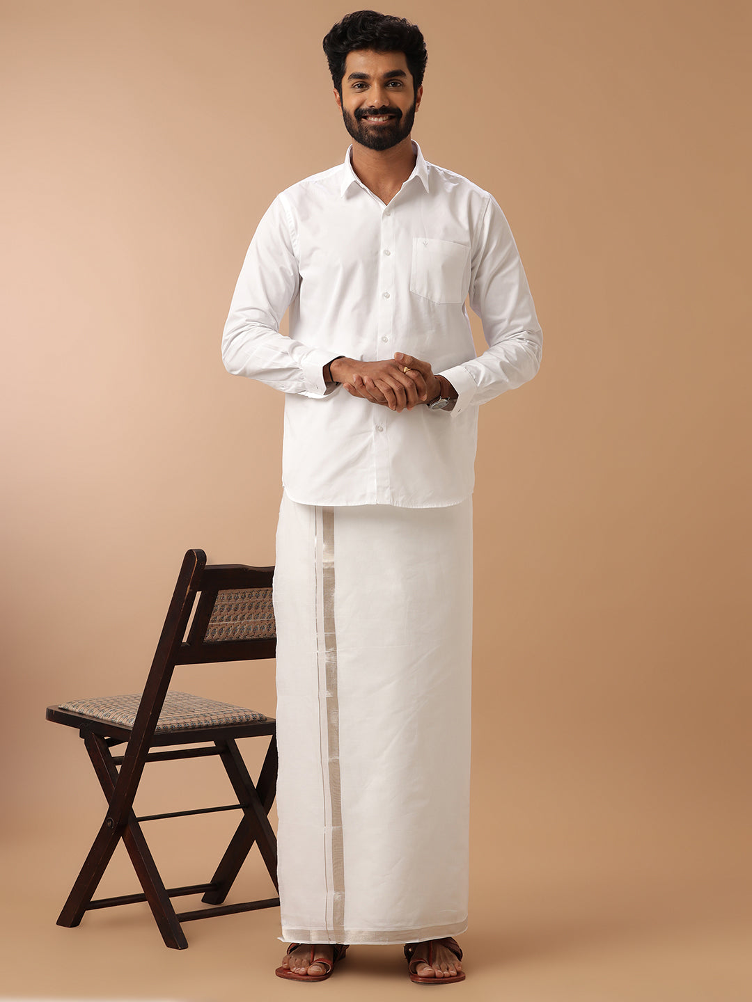 Men 100% Cotton Double Layer White Dhoti with 1"Jari Border Silver Cotton
