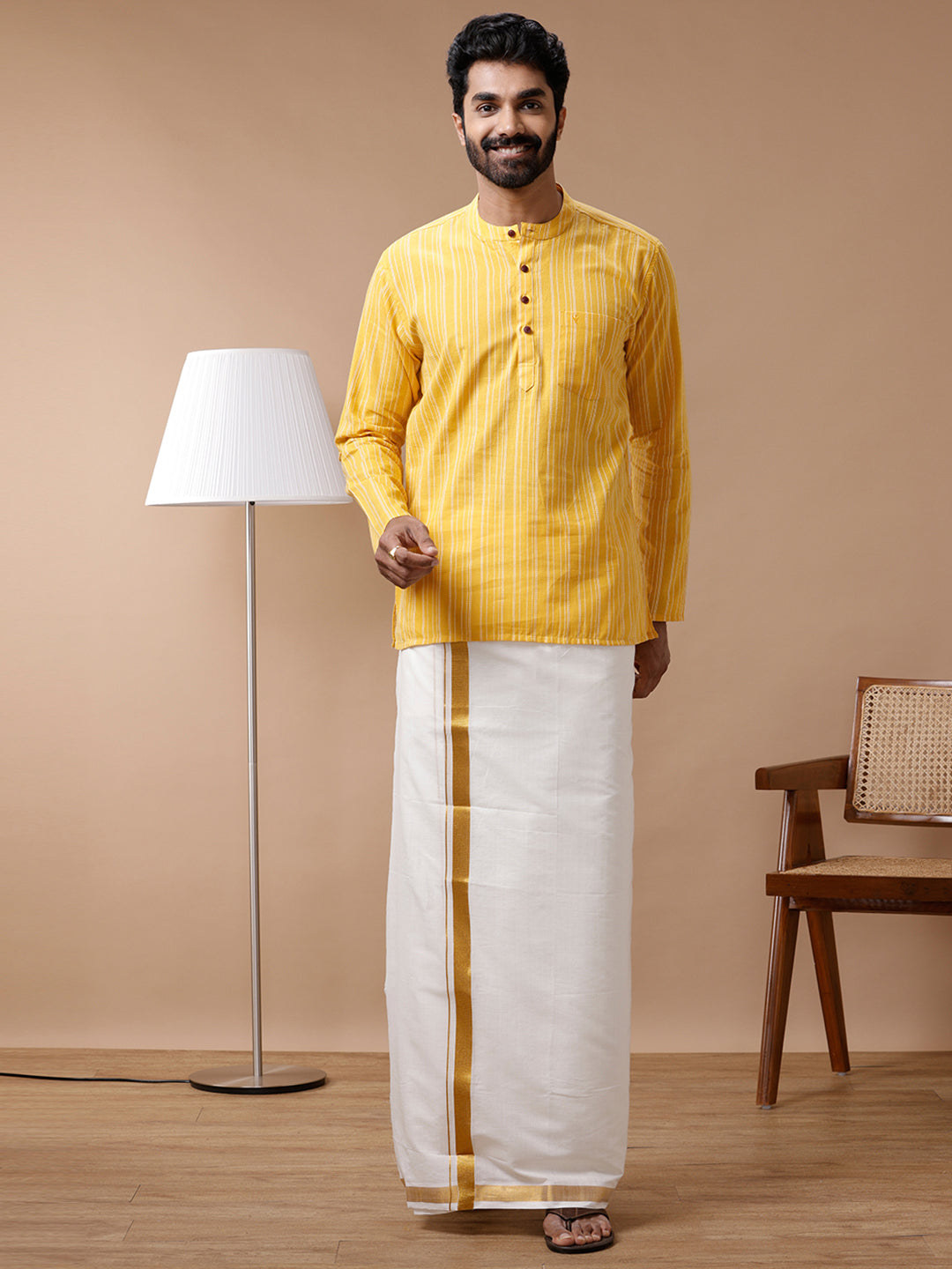 Cotton Short Length Striped Pocket Kurta Yellow PB7