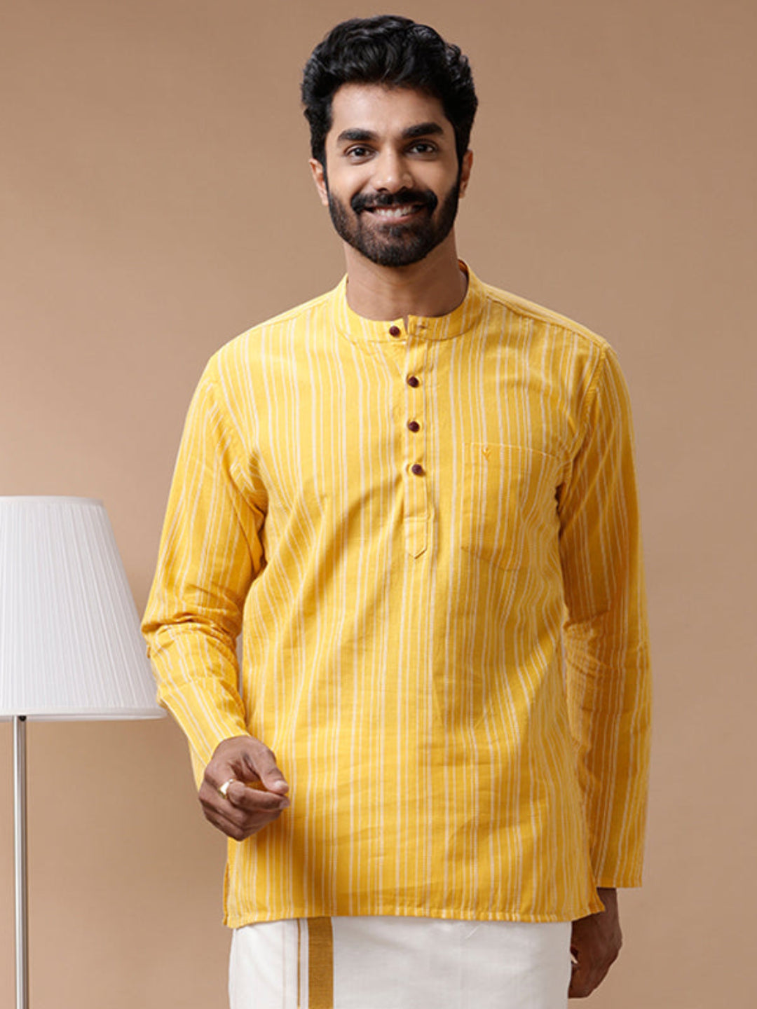 Cotton Short Length Striped Pocket Kurta Yellow PB7