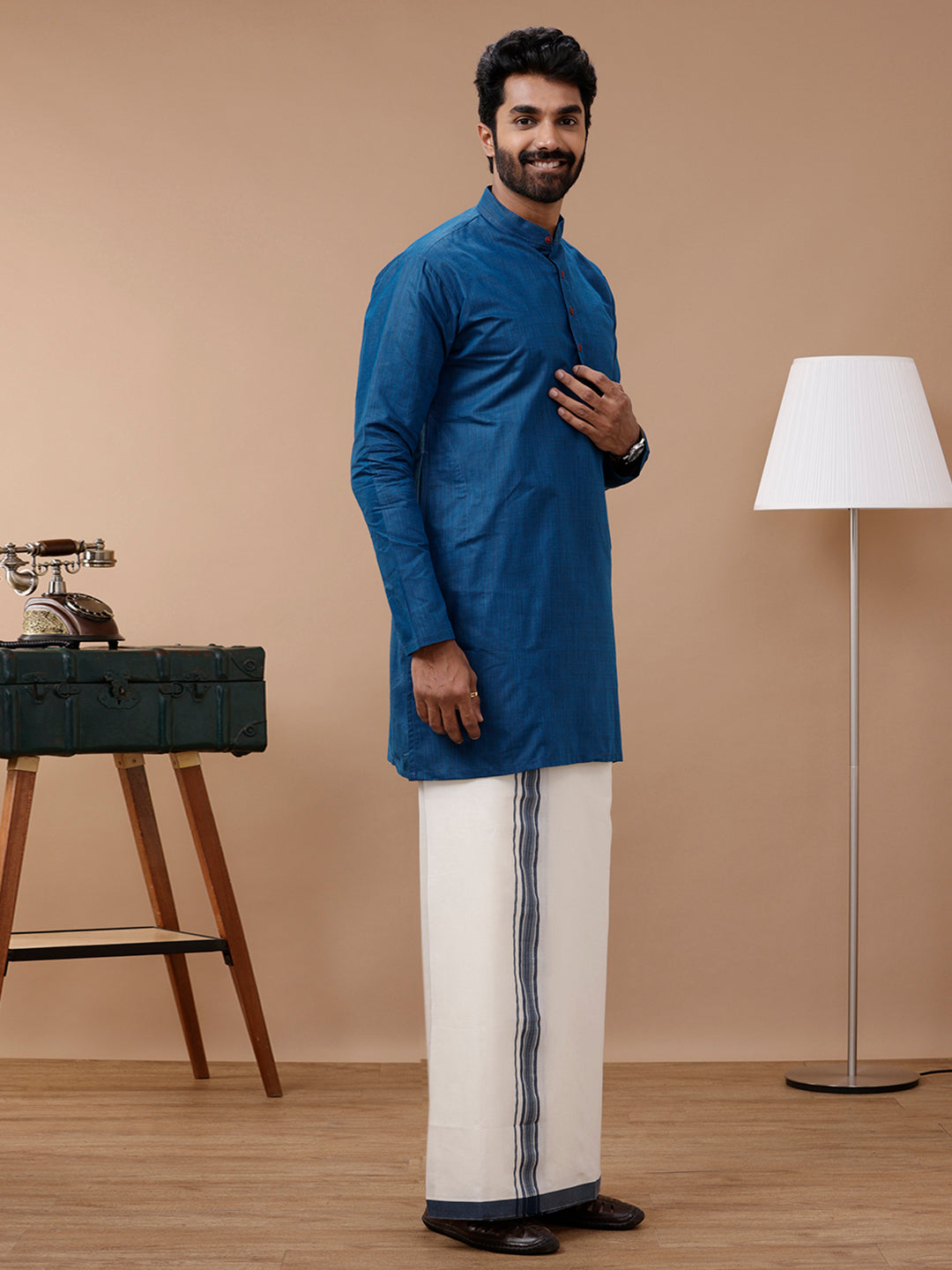 Men Cotton Medium Length Plain Pocket Kurta Blue FS8