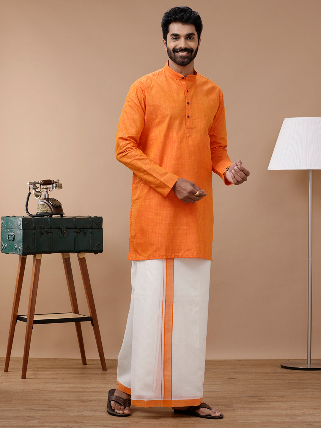 Men Orange Medium Length Kurta with Kora Double Layer Cream Dhoti FS3