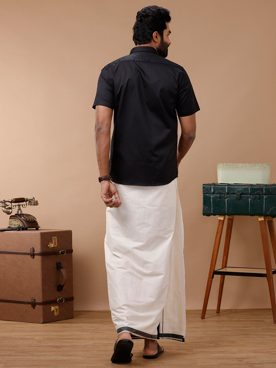 Men Kora Cotton Double Layer Dhoti with Black Fancy Border RedFort SPL