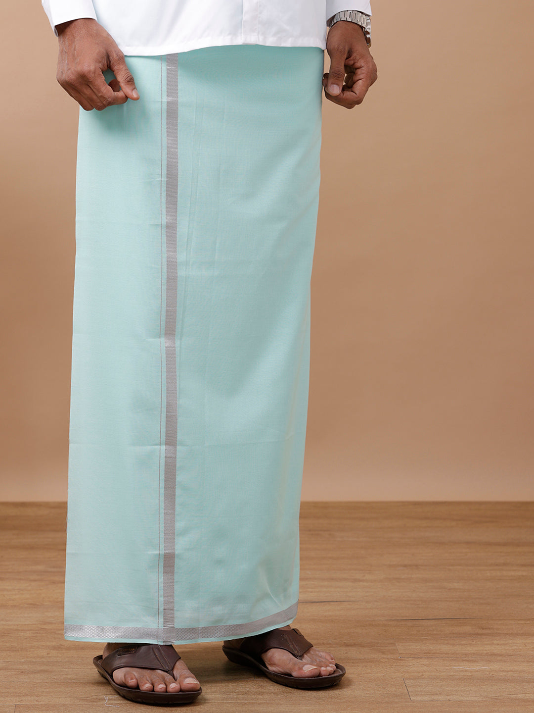 Men Cotton Blend Single Layer Green Dhoti with Silver Jari Border