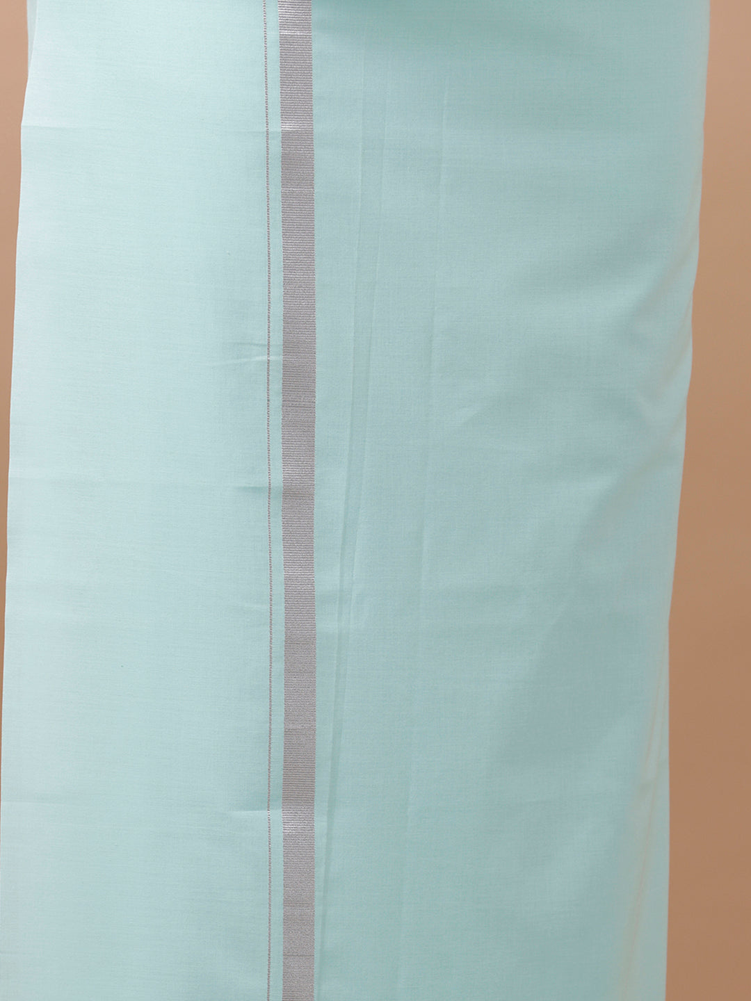 Men Cotton Blend Single Layer Green Dhoti with Silver Jari Border