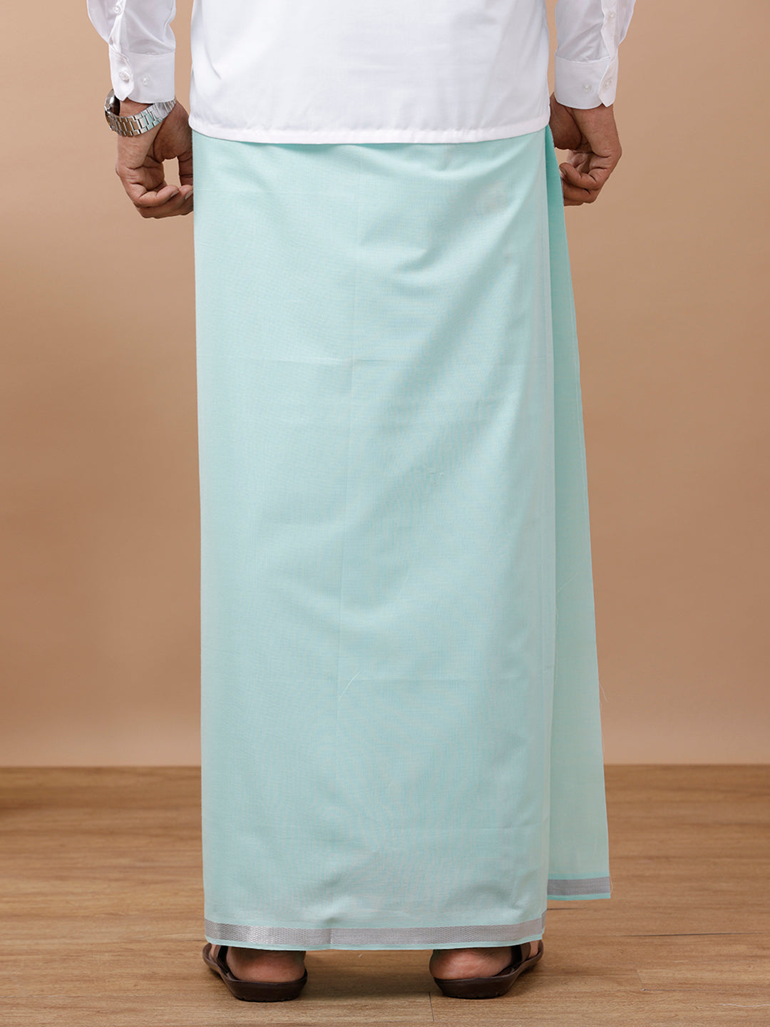 Men Cotton Blend Single Layer Green Dhoti with Silver Jari Border