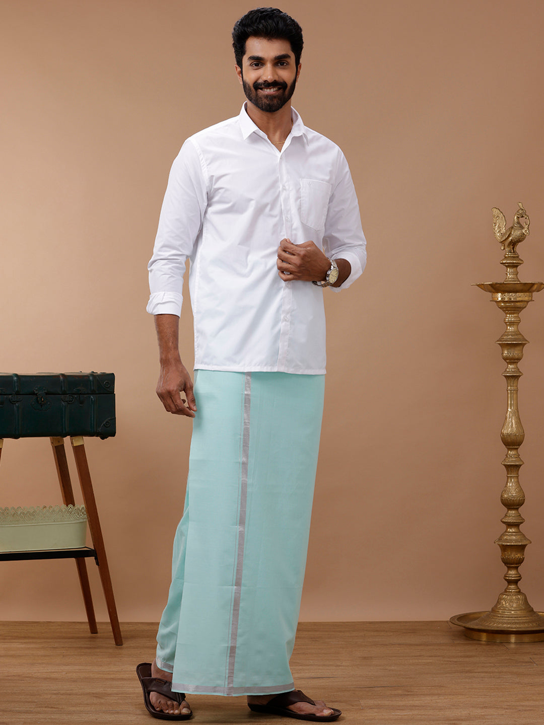 Men Cotton Blend Single Layer Green Dhoti with Silver Jari Border