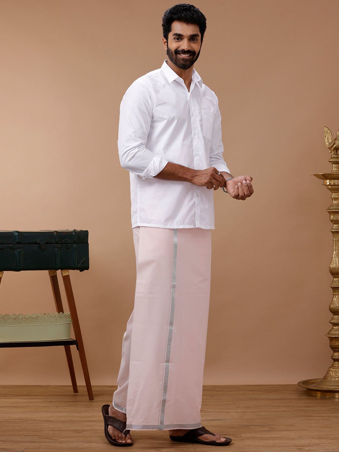 Men Cotton Blend Single Layer Pink Dhoti with Silver Jari Border Cosmic